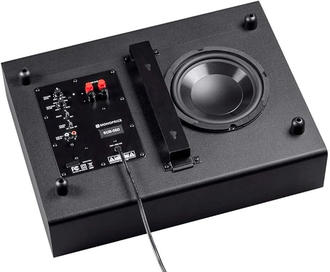 Monoprice SSW-8 Slim Powered Subwoofer - 8 Inch Woofer, 100 Watt, Low Profile, Powerful Amp, Low Pass, RCA and Speaker Level Terminal Inputs, Black