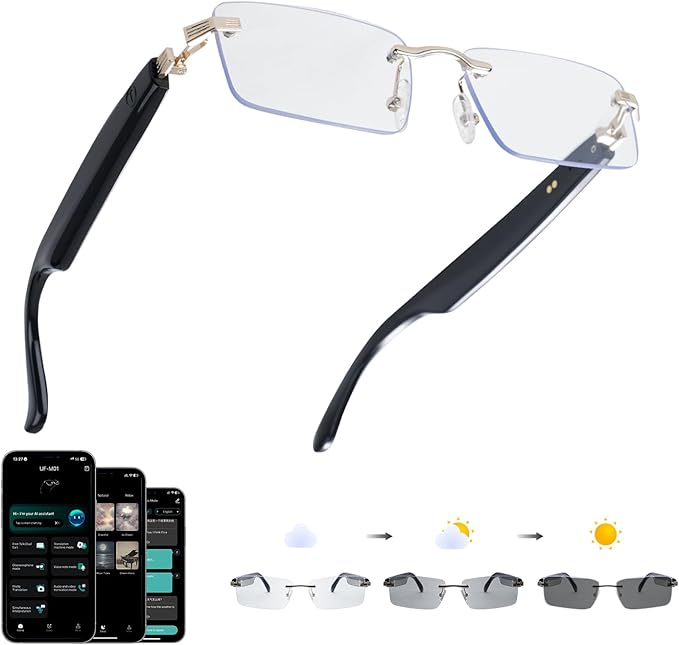 AI Translation Glasses, Bluetooth Eyeglasses with Real-Time Translator for 164 Languages, Photochromic Spring Hinge Bluetooth Glasses with Speakers, Rimless Smart Glasses for Travel/Work/Study(Gold)