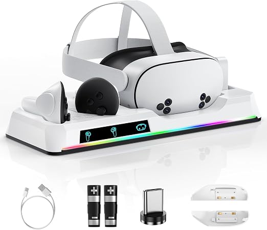 Charging Dock for Oculus Quest 3/3S, Magnetic VR Charger with 2 Rechargeable Batteries for Oculus Quest 3S/3 Accessories, VR Headset & Charger Controller Supports LED Indicator