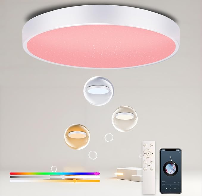 WF-Version LED Ceiling Light with Speaker 40W 13Inch Control via app/Voice/Remote Adjustable Brightness & Color Temperature Ceiling Lamp RGB Ambient Lighting for Bedroom Kids Room and More