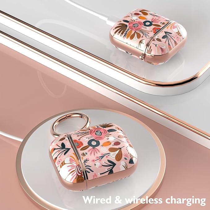 TATOFY Case Cover for AirPods 1&2, Elegant Cute Flower Patterns Protective Hard Case with Clip Keychain
