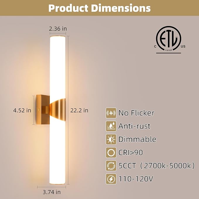 Modern Wall Sconce 22 Ihch Gold Bathroom Sconces LED Wall Lighting Fixtures with Acrylic Shade Hardwired Long Vanity Lights Over Mirror for Bedroom Living Room Hallway
