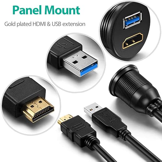 USB3.0 and HDMI Mount Cable – USB3.0 and HDMI Extension Flush, Dash, Panel Mount Cable, for Car, Boat, Motorcycle (3 Feet)