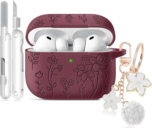 for Airpods Pro 3 Case, Flower Engraved Case Cover Compatible with AirPods Pro 3rd Generation 2025, Soft Silicone Cases with Cute Keychain & Cleaner for Women Girly, Shockproof