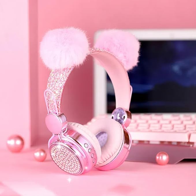 Kids Headphones Wireless Bluetooth 5.3 Colorful LED Lights Over-Ear 85dB Volume Limited Girls Headphones for Children/Teens/Gift/School/Tablet/Travel (Pink)