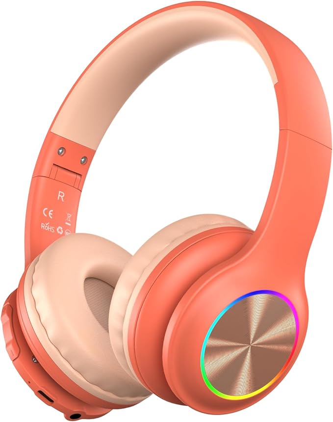 Kids Bluetooth 6.0 Headphones with LED Light, 85Hours Playtimes, Type-C Fast Charging, 85/94dB Volume Limited, Wireless Headphones with Built-in Mic, Wired & TF Card Mode, Pink and Orange