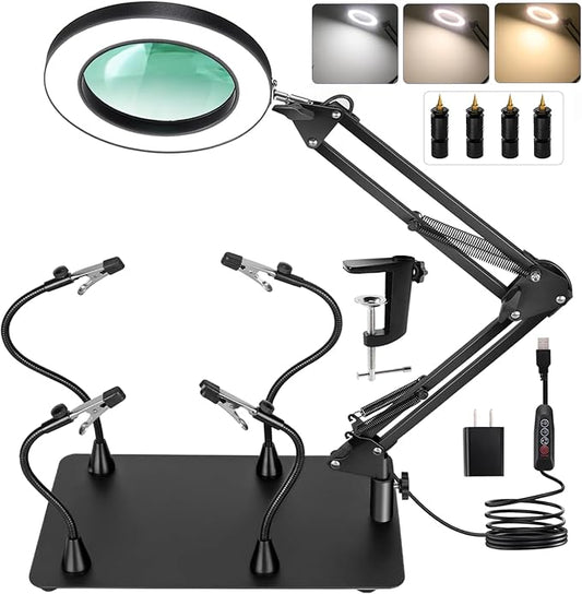 Helping Hands Soldering Station, 10X Magnifying Glass with Light and Stand with 4 Magnetic Third Hand & 4 PCB Circuit Board Holders, Hands Free Magnifier Desk Lamp for Soldering Repairing