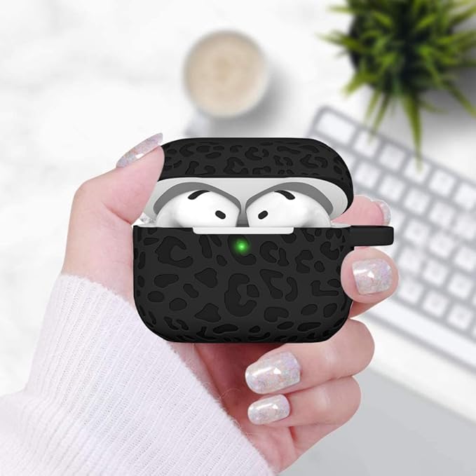 Engraved Leopard Case Compatible with AirPods 4th Generation Carving Cover with Keychain, Skin Soft Cover for Compatible with AirPods 4 Case Full Protection,Front LED Visible, Black