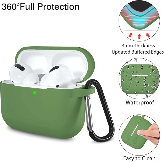 Lerobo Compatible with AirPods Pro 2 Case,Shockproof Washable Silicone Cover for Airpods Pro Supports Wireless Charging with Carabiner Front LED Visible,Olive Green