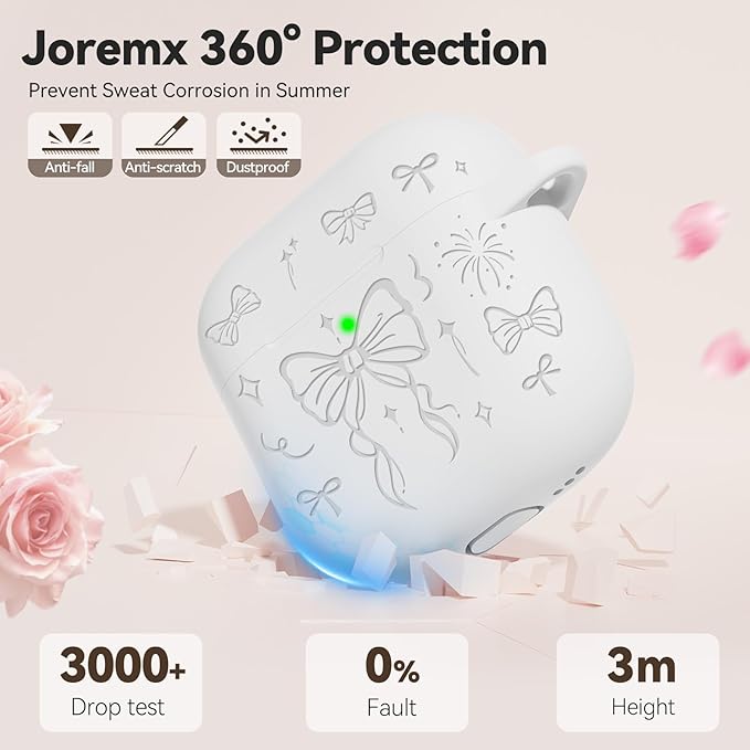 for Airpods 4 Case Cover, Joremx Cute Bow Engraved Silicone Protective Case Cover with Keychain, Cleaner Kit for AirPods 4th Generation Case 2024 (White)