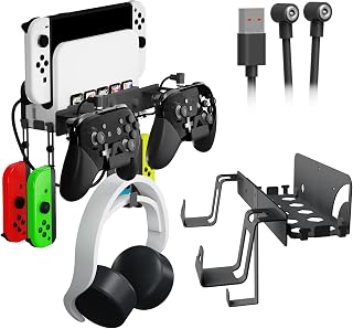 EJGAME Wall Mount Bracket Compatible with Nintendo Switch/OLED,Metal Wall Mount Kit Shelf Stand Accessories with Hooks for Hanging Headphone and Joy-Cons, Dual Controller Holder (Black) - Image 1