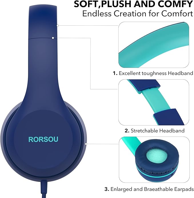 RORSOU K5 Kids Headphones with Microphone for shchool, Volume Limiter 85/94dB, Foldable Stereo Tangle-Free 3.5mm Jack Wired Cord On-Ear Headphones for Children/Boys/Girls/Kindle/Tablet/MP3/4 (Blue)