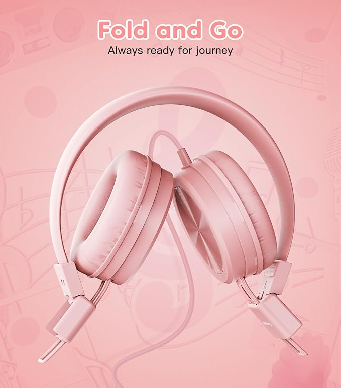 Kids Headphones, Toddler Headphones with Safe Volume Limiter 94dB, Wired School Headphones for Kid, 3.5mm Adjustable On-Ear Headphone for Boys/Girls/Children/Teens/iPad/Computer, Light Pink