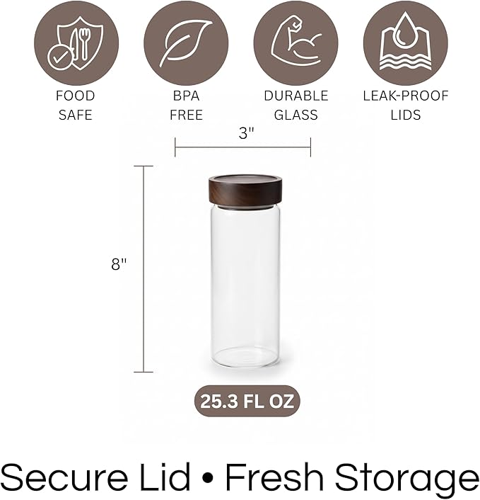 Wide Mouth Glass Storage Jars With 3" Acacia Wood Lids - 4 Pack of 25.3 Oz Airtight Food Storage Containers - Borosilicate Glass Canisters for Kitchen - Pantry Organizers Storage for Rice Coffee