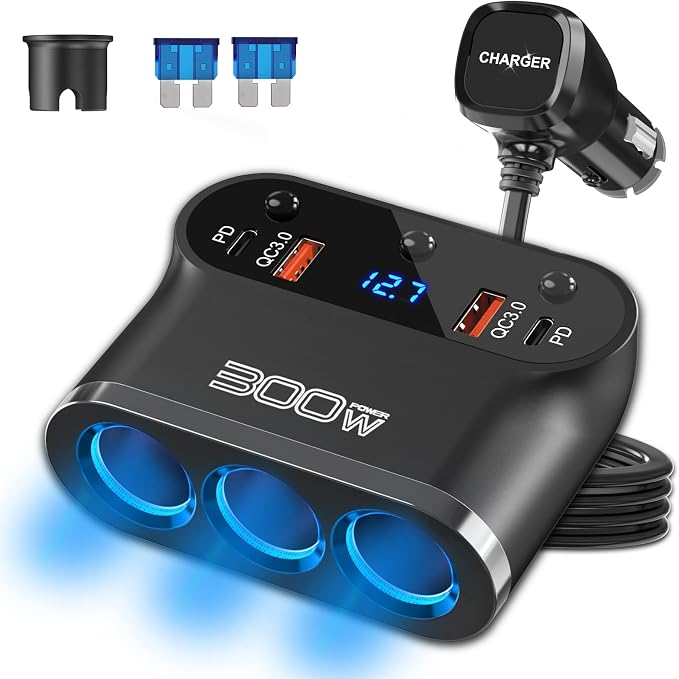 7 in 1 Cigarette Lighter Adapter: Ouffun 300W 3 Socket Car Charger Extensions 12V Splitter with Dual PD USB C 30W and QC3.0 18W 12V USB Outlet Ports, 12 Volt Car Plug with LED Voltage Separate Switch