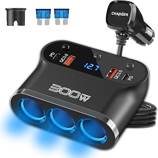 7 in 1 Cigarette Lighter Adapter: Ouffun 300W 3 Socket Car Charger Extensions 12V Splitter with Dual PD USB C 30W and QC3.0 18W 12V USB Outlet Ports, 12 Volt Car Plug with LED Voltage Separate Switch - Image 1