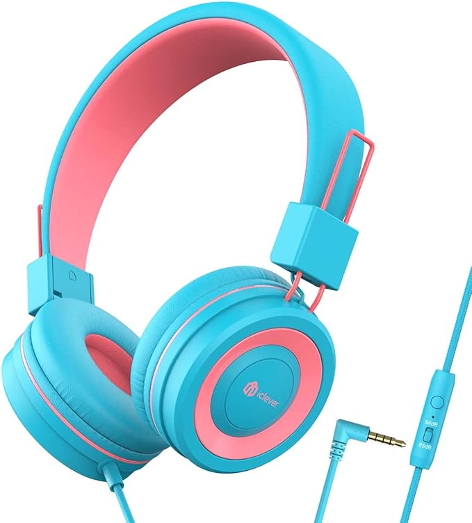 iClever Kids Headphones with Cord, 85/94dB Safe Volume Tech, Bending Resistance Durable, Foldable, Stereo Sound 3.5mm Jack Wired Headphones for Kids Boys Girls Tablet/Travel/School, HS14 Blue Pink