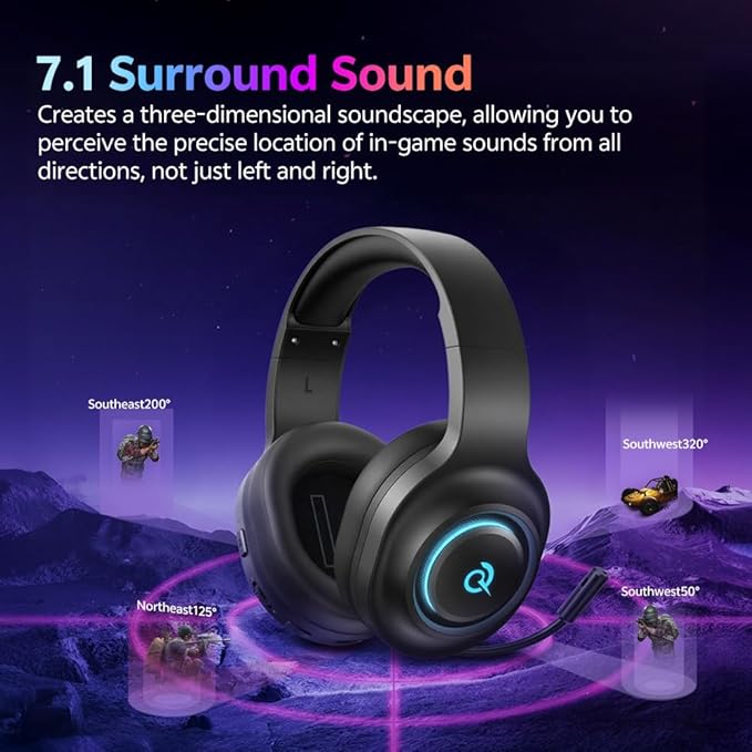 QCY Gaming Headset for PC/PS5/PS4/Switch, HEROAD V200 Over Ear Headphones, USB-C, 240Hr Battery, 7.1 Surround Sound, 2.4GHz Wireless Headphones for Multi-Platform, Bluetooth 6.0