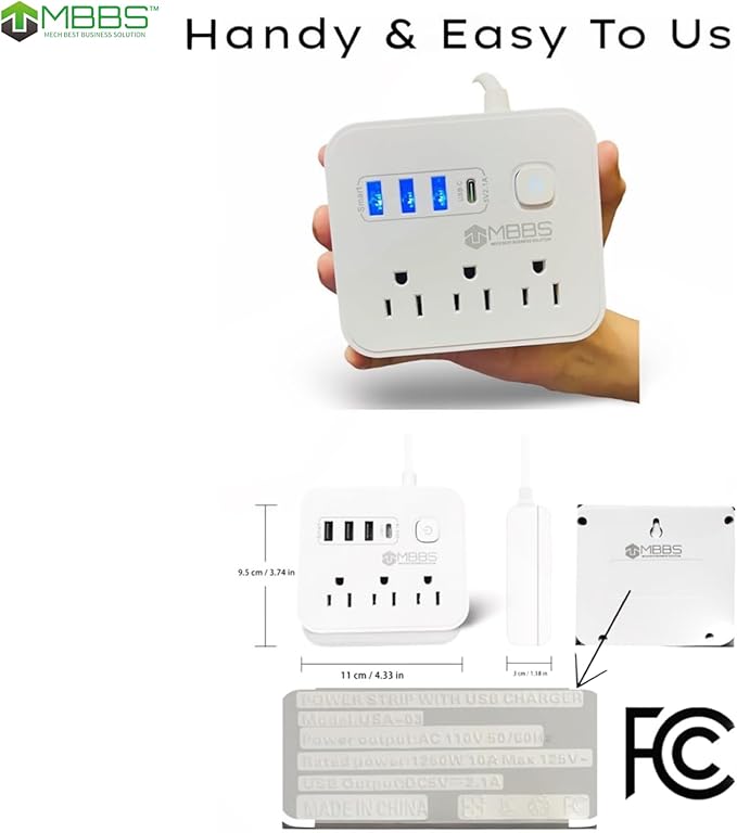 4 ft Surge Protector Power Strip with USB C, 1200J Protection, Heavy Duty Extension Cord – (7-in-1) 3 AC Outlets, 4 USB Ports, LED On/Off Switch – Compact & Travel Friendly – Home, Office (White)