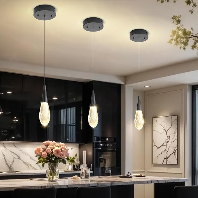 Pendant Light Kitchen Islan Black Mini Crystal Chandelier Modern Hanging Light Fixture for Dining Room, Living Room,Bedroom, Foyer（3-Pack）