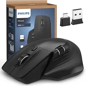 PHILIPS Ergonomic Wireless Mouse, Multi-Device Bluetooth (USB-A/C) for Laptop & Mac/PC, Silent Productivity Mouse with Side Scroll, 5-Level DPI Rechargeable Computer Mouse, Right-Handed Comfort