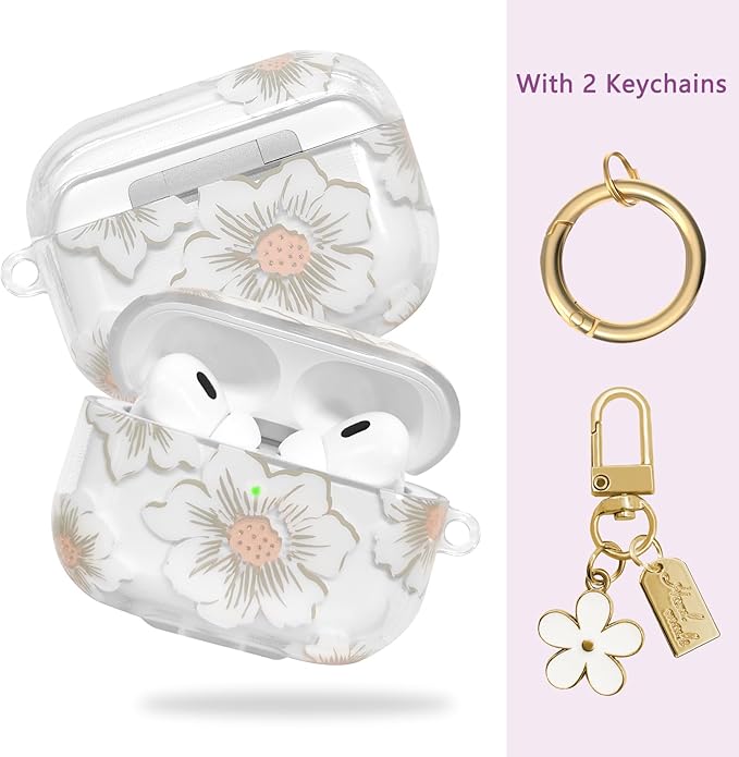 Compatible with AirPods Pro 2 Case Cover 2022, Soft TPU with Cute Flower Pattern for AirPods Pro 2nd/1st Generation Case with Flower Keychain and Carabiner for Girls Women (White)