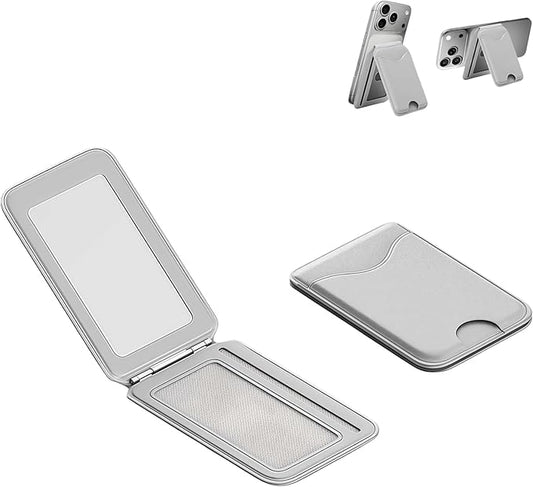 Upgraded for Magsafe Wallet, Strong Magnetic Phone Wallet with Adjustable Stand, Built in Makeup Mirror, 5 Card Holder, RFID Blocking (Grey Fold)