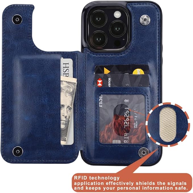 uCOLOR Compatible with iPhone 14 Pro 6.1 Inch Wallet Case with Card Holder Folio Flip PU Leather Kickstand Card Slots Case Double Magnetic Clasp and RFID Blocking Cover (Navy Blue Flowers)