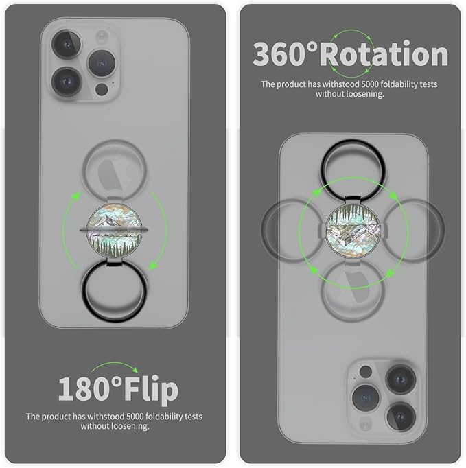 Carveit Natural Shells Cell Phone Ring Holder Metal Phone Kickstand Grip for iPhone 16 Pro Max/15/14 & Galaxy S23/S24/S25 Ultra & Pixel 8/9 -Black-Alpine Lakes