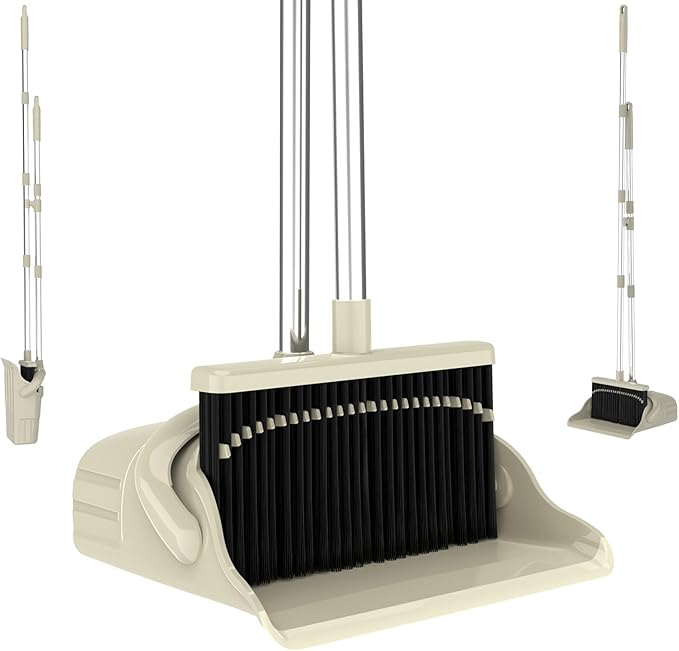 Broom with Dustpan – Premium Broom Set with Upright Design, Hair-Removal Dustpan Included,No-Bending Broom for efficient Home Cleaning Tool (Gray-Yellow)