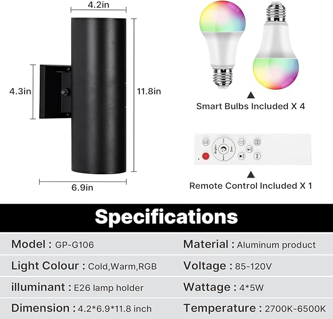 RGBCW Outdoor Wall Light 2 Pack, Smart Porch Light Dusk to Dawn Lighting with Remote Control, WiFi Outdoor Wall Sconce, Compatible with Alexa, Exterior Lights for House Porch Garage