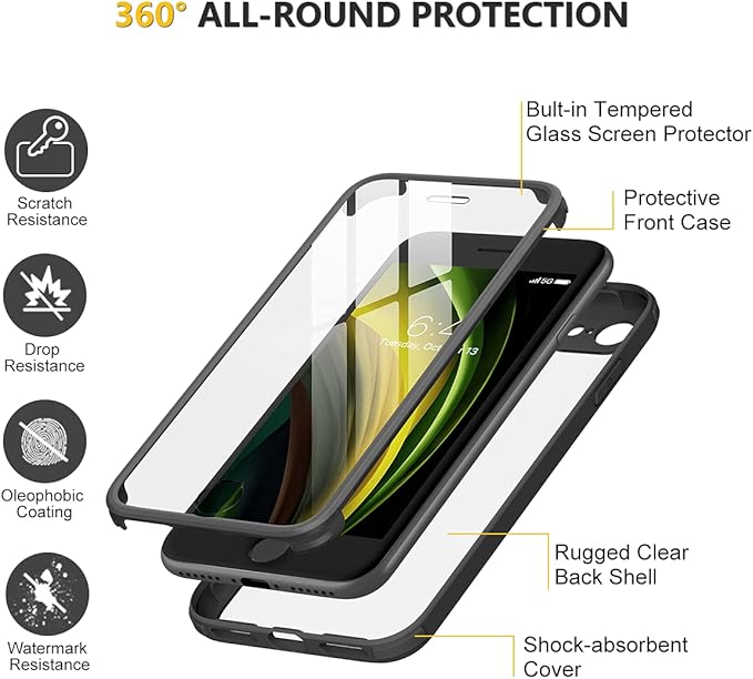 Miracase for iPhone SE Phone Case 3rd/2nd Generation 2022 2020 Full-Body with Built-in Glass Screen Protector, Heavy Duty 360° Protective Shockproof Bumper Cover for iPhone 8/SE 4.7 Inch, Black