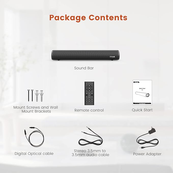 HDMI Sound Bar for Smart TV, Small TV Sound Bar Speakers, Optical/HDMI/Aux/Coax/USB/Bluetooth Connection for TV, PC, Projectors, Includes Remote Control, 16 inch