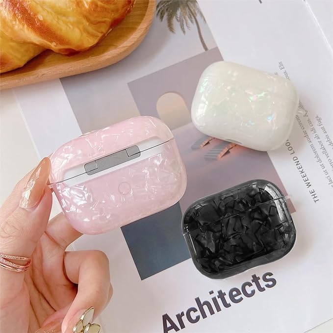 for Cute Glitter Airpods Pro/Pro 2 Gen Case with Cleaner Pen, Shell Pattern iPod Pro 2nd/1st Generation Cover Protective Skin Girl Women with Luxury Pearl Keychain 2023/2022/2019 - Black