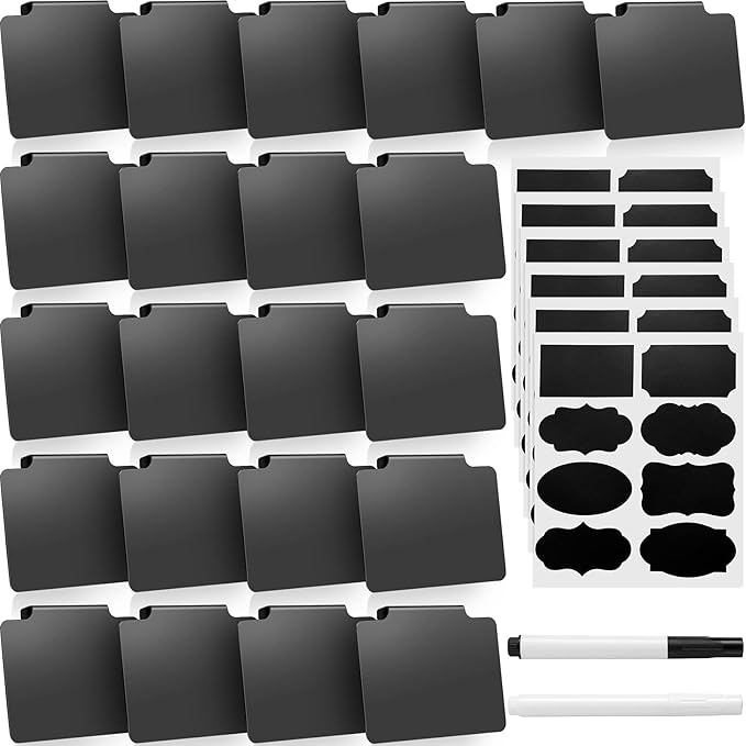 29 Pieces Basket Labels Clip on for Storage Bins Includes 22 Kitchen Bin Label Holder Removable PVC Clip Label Holders for Baskets and 2 Chalk Markers for Storage Basket (Black)