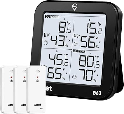 OBET Weather Station Wireless Indoor Outdoor Thermometer Wireless, Digital Temperature and Humidity Monitor with 3 Sensors, Adjustable Backlight, USB Port (500 Feet)