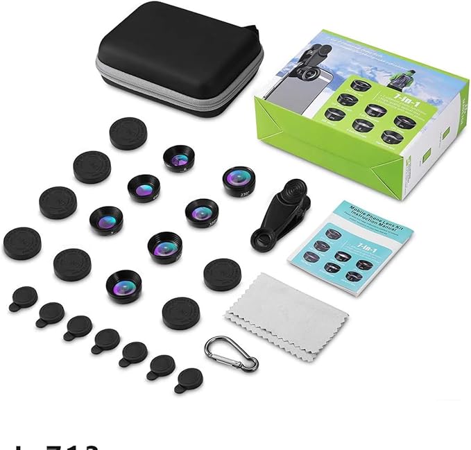 7-in-1 Phone Camera Lens Kit ??210° Fisheye Lens, 120° Wide Angle Lens, 20X Macro Lens for iPhone, Samsung & Android Smartphones ??HD Optical Glass, Universal Clip, Portable Case (Black) (7 in 1)
