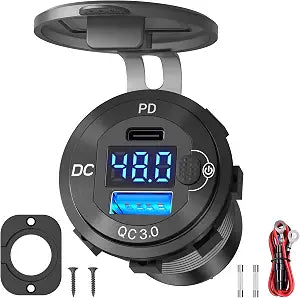 High Voltage USB Outlet 12V 24V 36V 48V 60V Aluminum Car Charger Socket, PD 30W USB C and QC 36W Car USB Port Waterproof Cigarette Lighter Power Adapter DIY Kit with Button Switch for Ship Truck, etc.