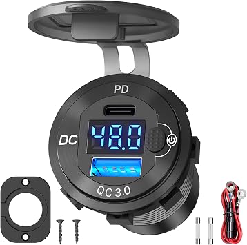 High Voltage USB Outlet 12V 24V 36V 48V 60V Aluminum Car Charger Socket, PD 30W USB C and QC 36W Car USB Port Waterproof Cigarette Lighter Power Adapter DIY Kit with Button Switch for Ship Truck, etc.