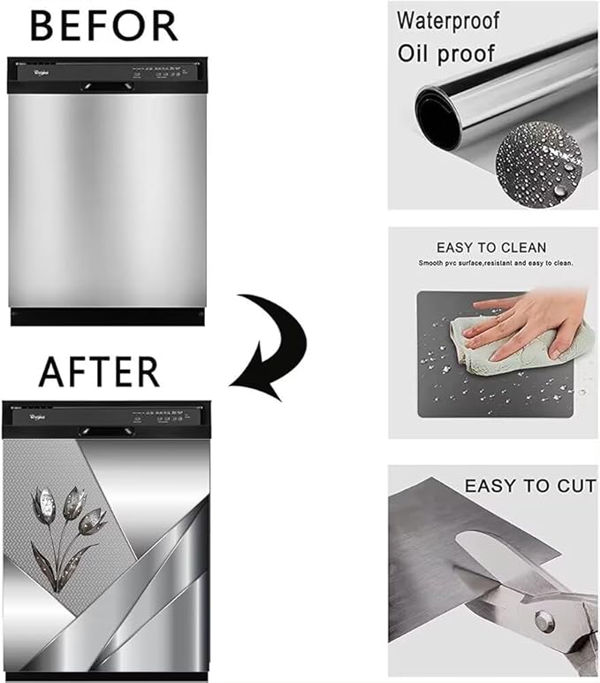 Generic Polished Metal Texture Dishwasher Magnetic Cover for Door Front,Silver Stainless Steel Flowers Refrigerator Magnet Decor Floral Magnet Panel Decal, Fridge Home Appliance Sticker 23x26inch