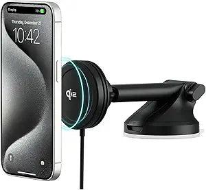 iOttie Velox Qi2 Mini 15W Wireless Charger Car Mount - Dash & Windshield Car Phone Holder - MagSafe Compatible iPhone Mount for Qi2 Smartphones (iPhone12 13 14 15 16 and 17) - Car Charger Included