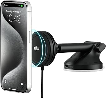 iOttie Velox Qi2 Mini 15W Wireless Charger Car Mount - Dash & Windshield Car Phone Holder - MagSafe Compatible iPhone Mount for Qi2 Smartphones (iPhone12 13 14 15 16 and 17) - Car Charger Included