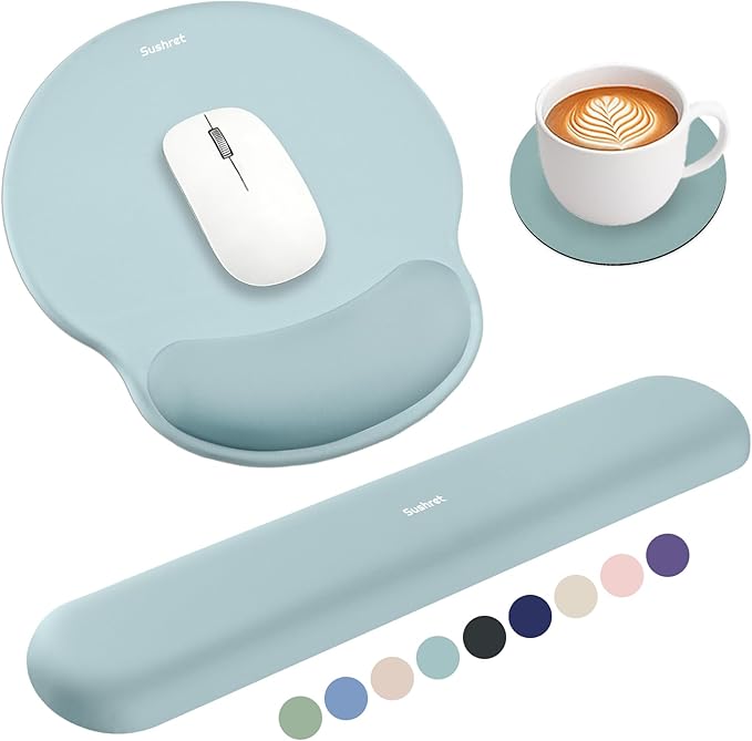 Sushret Mouse Pad and Keyboard Wrist Rest, 3-in-1 Gel Memory Foam Ergonomic Mouse Pad with Wrist Rest Set, Gaming Mousepad Arm Cushion Support for Computer Office Desk Accessories Cute, Seafoam Blue