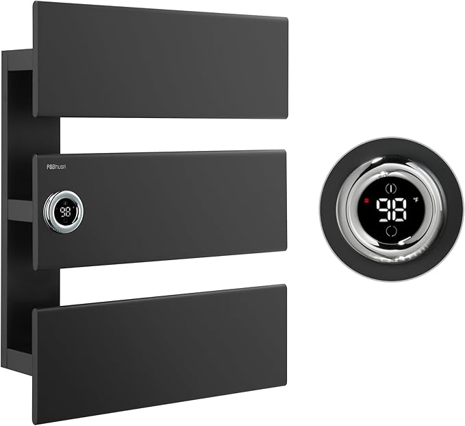 P&Bhusri Electric Heated Towel Rack, Black Towel Warmer with Adjustable Temperature (98–149°F) and Timer (1-24h, On), Fast Heating and Drying for Bathroom, Memory & Remote Control Compatible