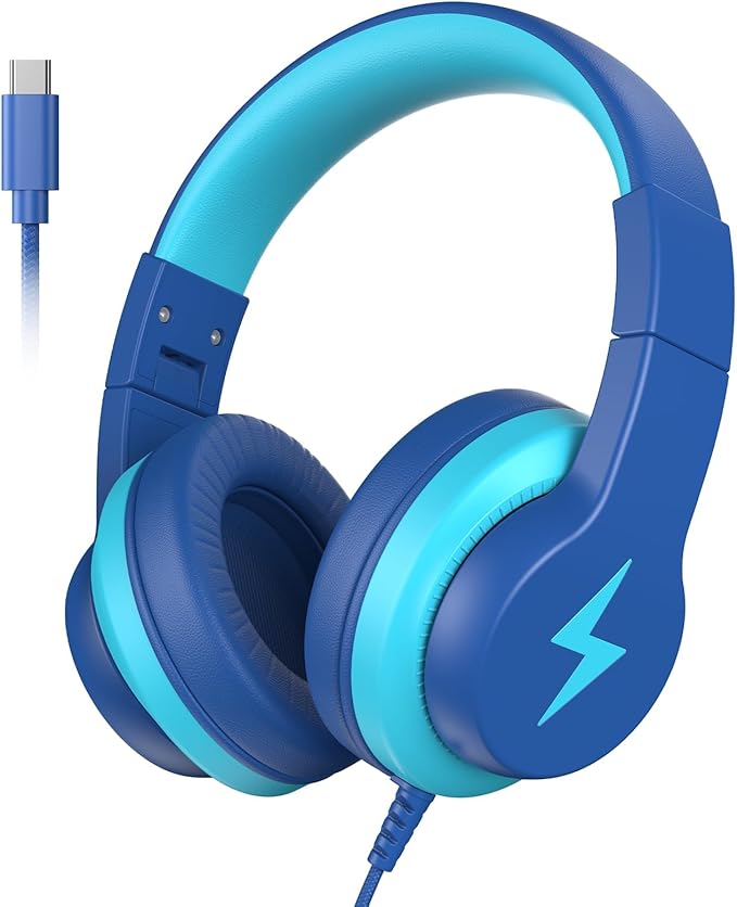 Wired Kids Headphones, USB Type C Headphones for Kids, 85dB Safe Volume, HD Stereo Sound,Comfortable Fit, Adjustable &Foldable, Ideal for Boys/Girls/School/Travel/Tablet(Deep Bule, No Mic)