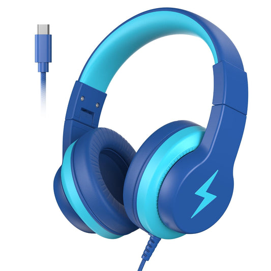 Wired Kids Headphones, USB Type C Headphones for Kids, 85dB Safe Volume, HD Stereo Sound,Comfortable Fit, Adjustable &Foldable, Ideal for Boys/Girls/School/Travel/Tablet(Deep Bule, No Mic)