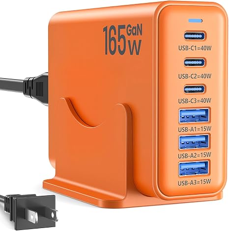 165W Charging Station, 6 Port Desktop Charger, 3 Ports 40W Orange