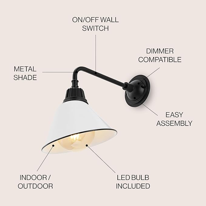 JONATHAN Y JYL7612A Croydon 9.63" 1-Light Farmhouse Industrial Indoor/Outdoor Iron LED Gooseneck Arm Outdoor Sconce Metal Bell Shade Vintage Cottage Rustic Porch Patio Yard Barn, White
