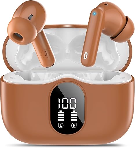 Wireless Earbuds, Bluetooth 5.4 Headphones Bass Stereo/Clear Calls, Brown