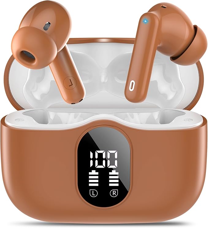 Wireless Earbuds, Bluetooth 5.4 Headphones Bass Stereo/Clear Calls, Brown